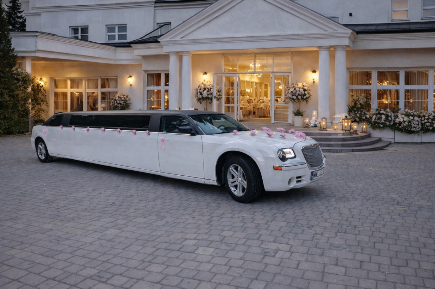 Limuzyna Chrysler przed eleganckim domem weselnym