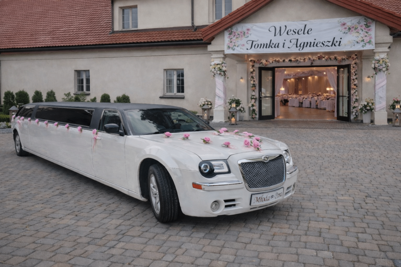 Limuzyna Chrysler przy wejściu na wesele