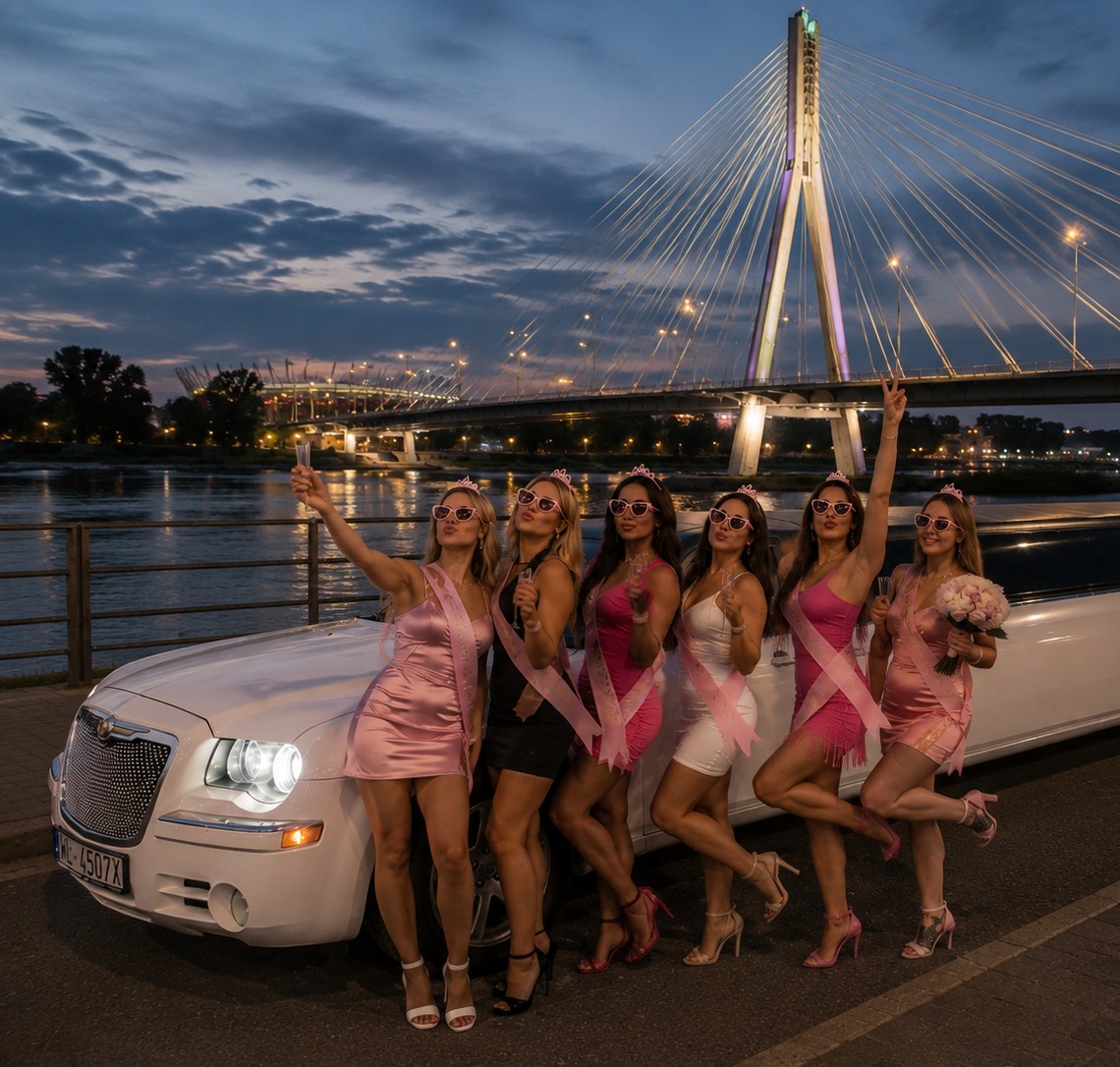 Wieczór panieński przy białej limuzynie Chrysler w Warszawie